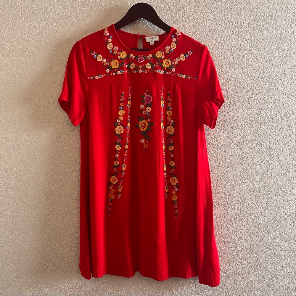 Umgee USA Embroidered Red Tunic Dress Size Small